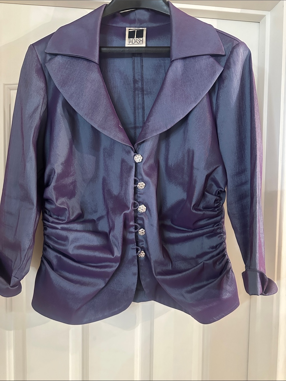 Tadashi Shoji Iridescent Purple Satin Ruched Button Jacket